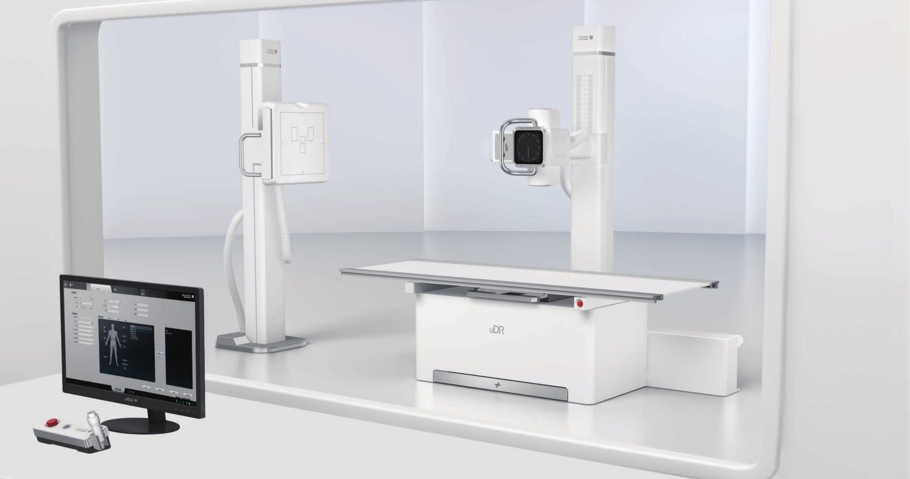 A digital radiography X-ray room with wall stand, table and operator workstation